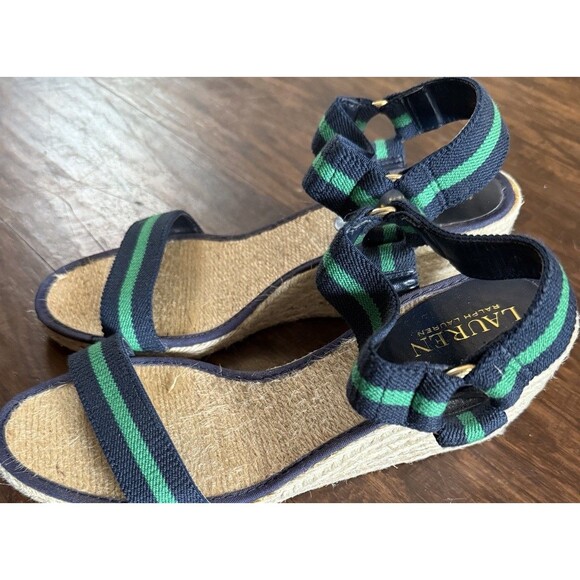 Lauren Ralph Lauren Women’s Wedge Sandals 8.5B Green Navy Strap Ankle 3” Preppy - Picture 3 of 10